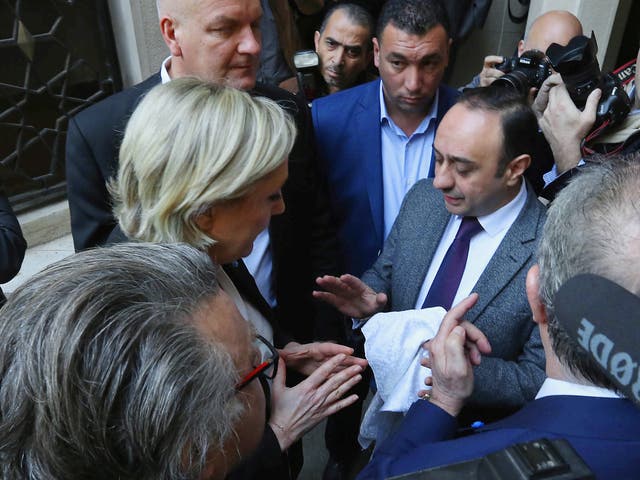 Marine Le Pen, French National Front (FN) political party leader and candidate for French 2017 presidential election, refuses a headscarf for her meeting Lebanon's Grand Mufti Sheikh Abdul Latif Derian in Beirut, Lebanon