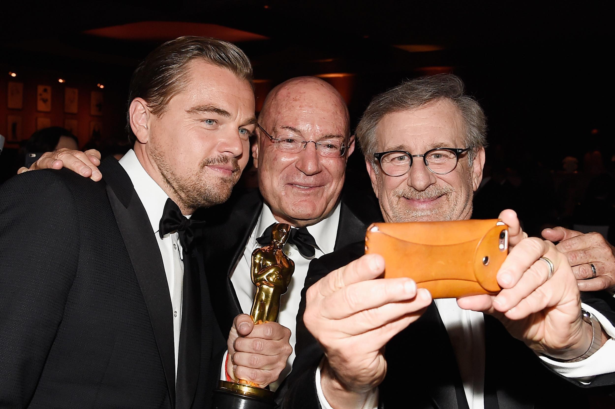 Leonardo DiCaprio, Arnon Milchan and Steven Spielberg take a selfie at the 2016 Governors Ball