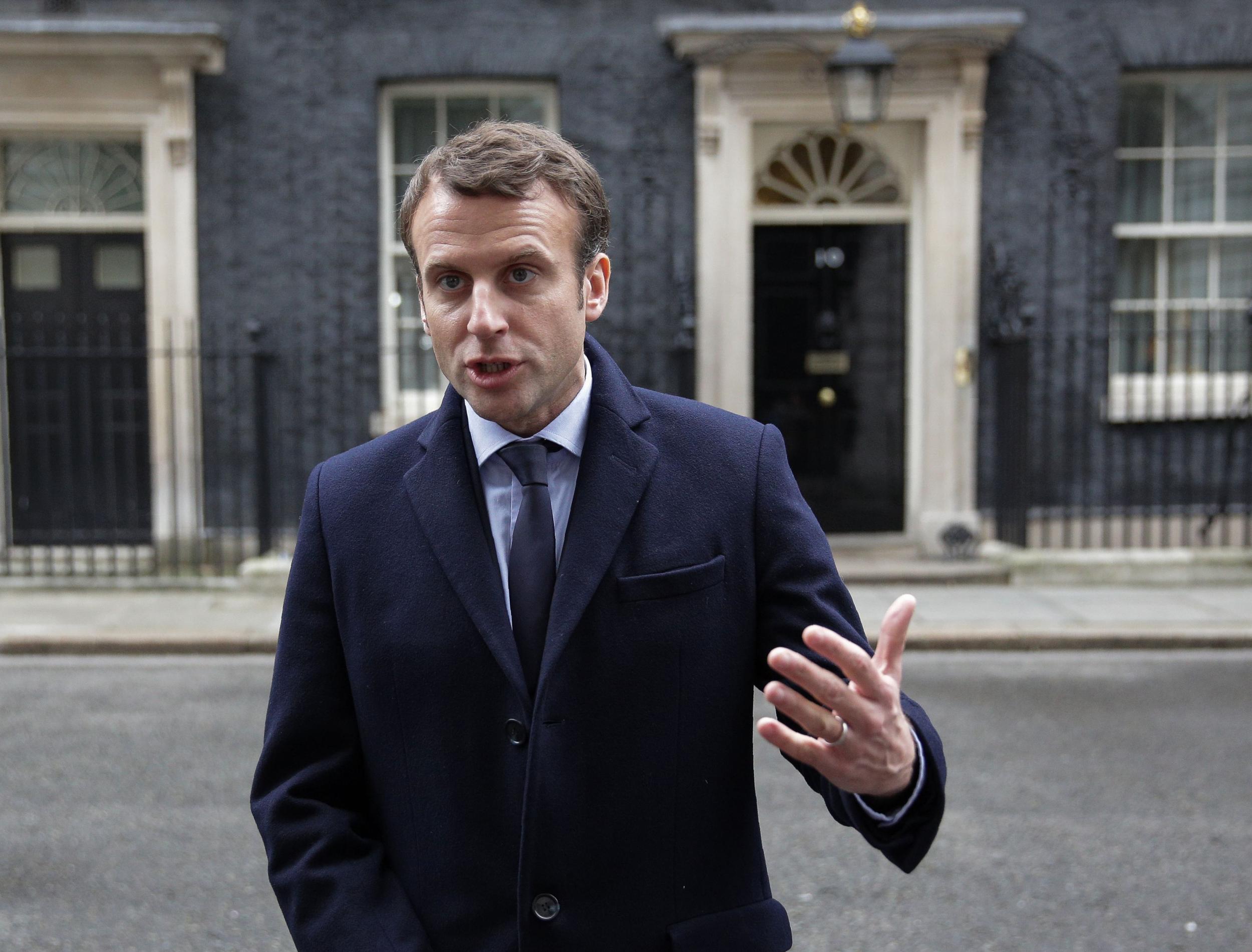 French presidential election candidate Emmanuel Macron addresses the media outside 10 Downing Street