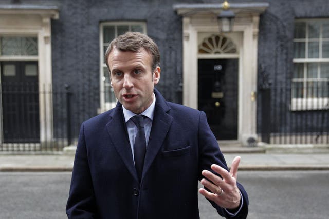 French presidential election candidate Emmanuel Macron addresses the media outside 10 Downing Street