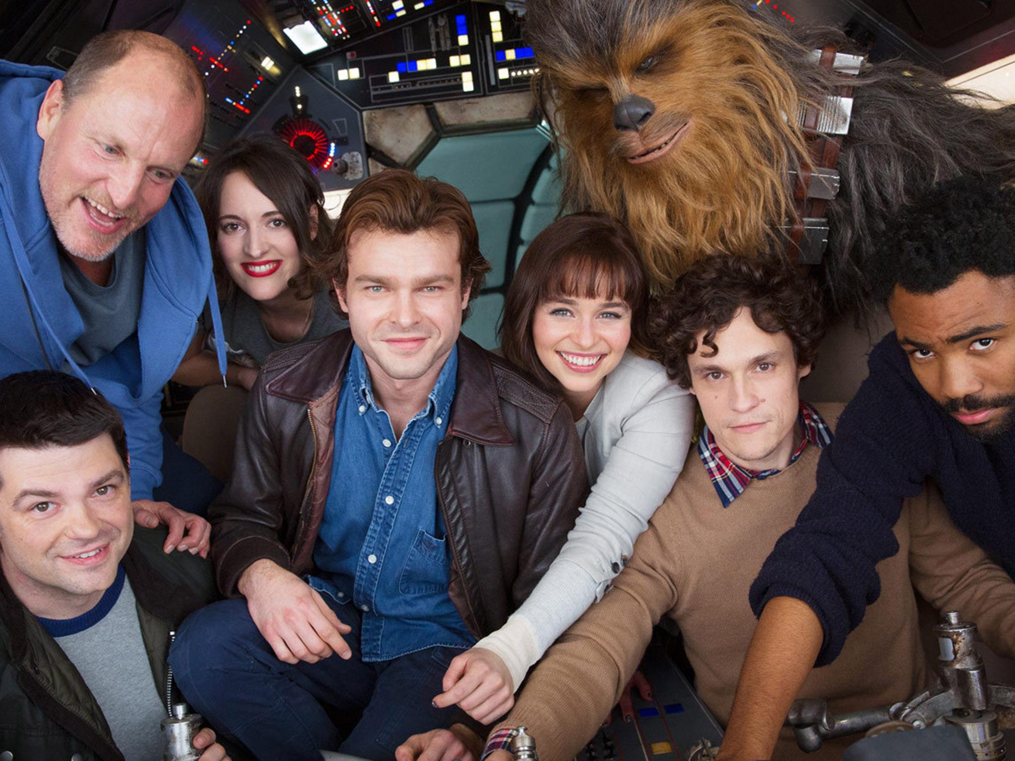 Walt Disney Studios of (left to right) director Christopher Miller, Woody Harrelson, Phoebe Waller-Bridge, Alden Ehrenreich, Emilia Clarke, Joonas Suotamo as Chewbacca, director Phil Lord and Donald Glover, on the set of the new Han Solo Star Wars spin-off as filming kicked off at London's Pinewood Studios.