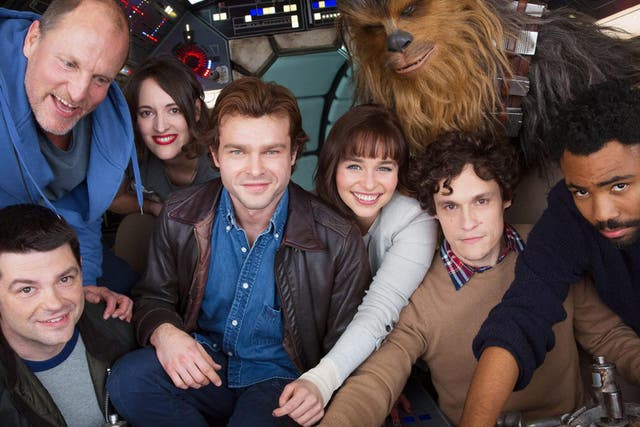 Walt Disney Studios of (left to right) director Christopher Miller, Woody Harrelson, Phoebe Waller-Bridge, Alden Ehrenreich, Emilia Clarke, Joonas Suotamo as Chewbacca, director Phil Lord and Donald Glover, on the set of the new Han Solo Star Wars spin-off as filming kicked off at London's Pinewood Studios.