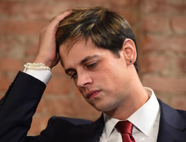 Milo Yiannopoulos holds a press conference in New York on 21 February 2017 following his resignation from Breitbart