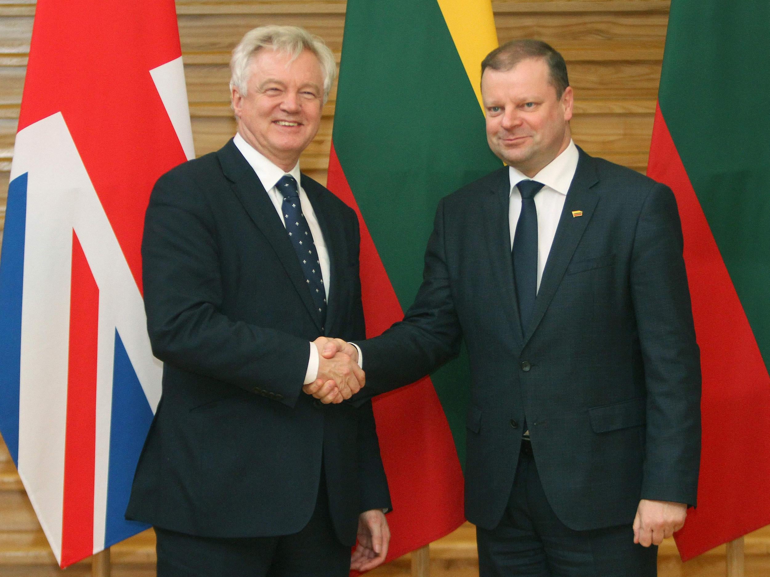 Brexit Minister David Davis shakes hands with Lithuania Prime Minister Saulius Skvernelis in Vilnius on Tuesday