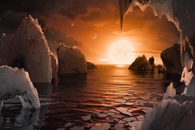 Imagine standing on the surface of the exoplanet TRAPPIST-1f. This artist's concept is one interpretation of what it could look like