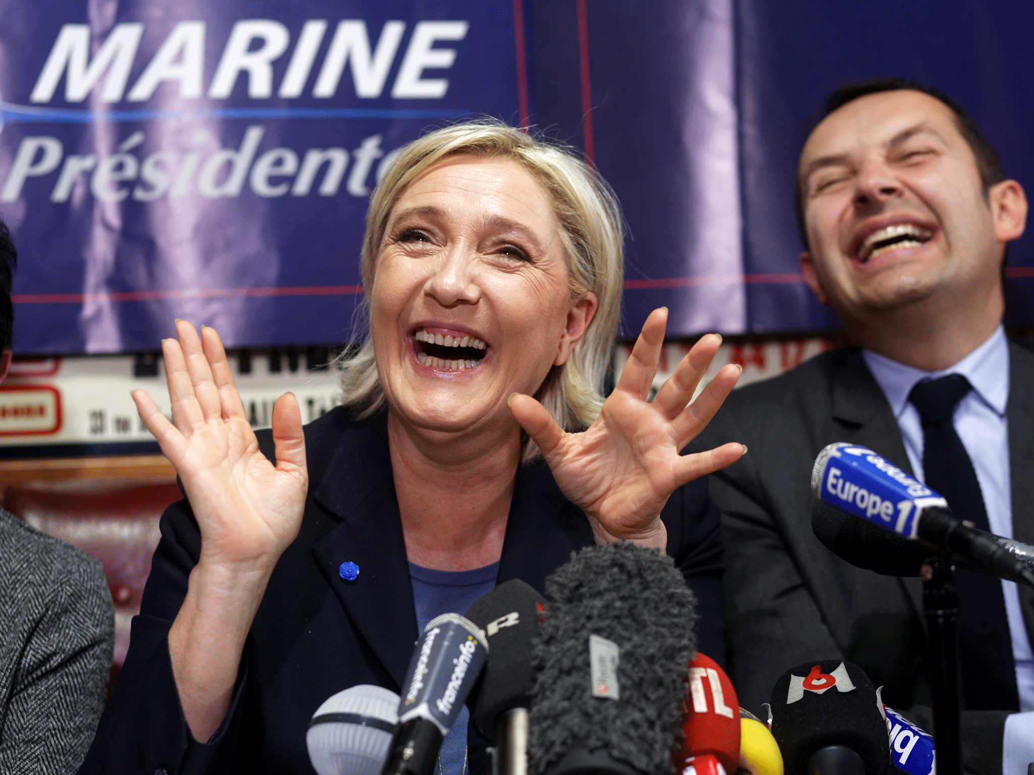 Marine Le Pen, pictured at a Lille press conference, is polling at 26 per cent