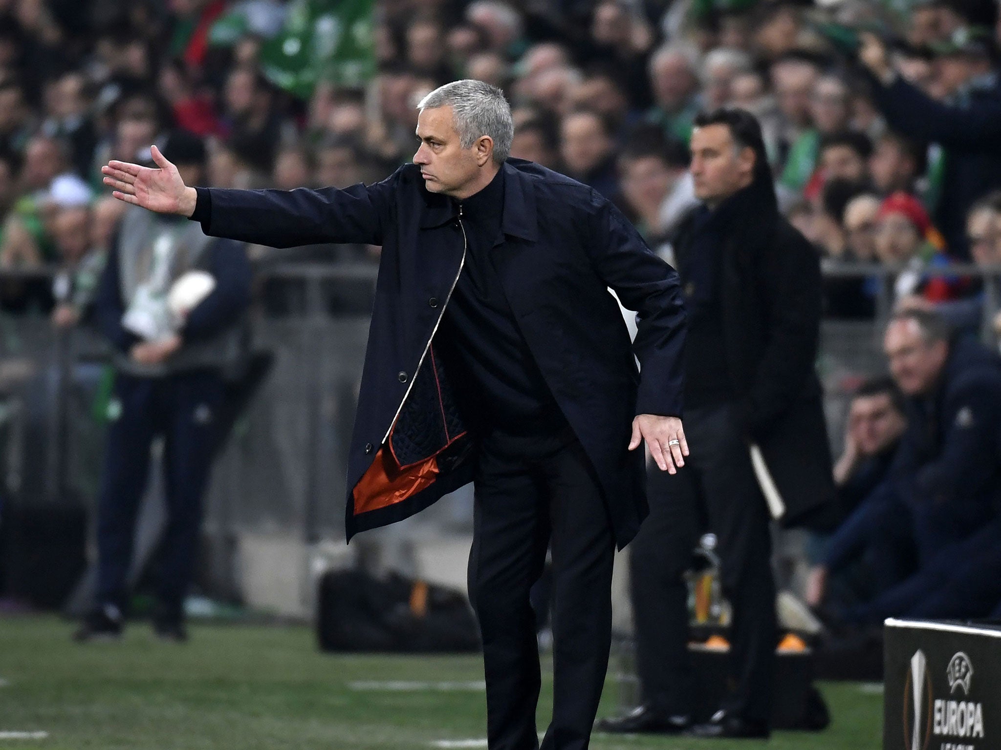 Jose Mourinho issues instructions from the sideline during United's 1-0 victory over Saint-Etienne