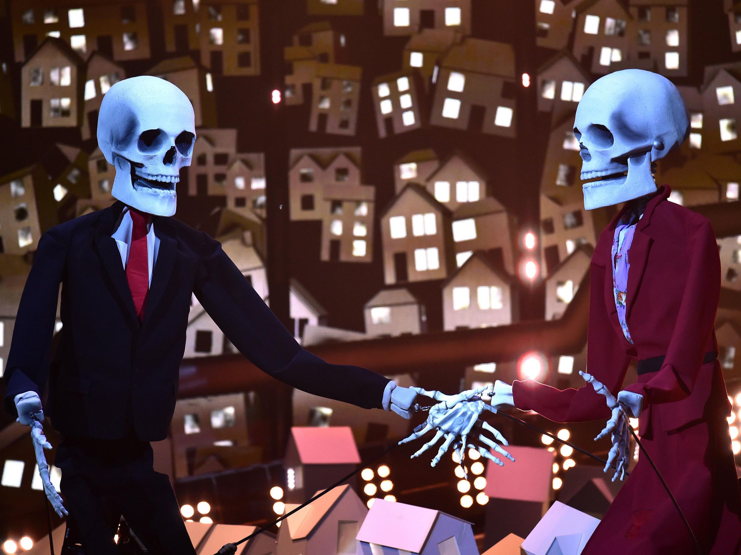 Skeleton puppets sending up Donald Trump and Theresa May during Katy Perry's Brit Awards performance at the O2 Arena, London