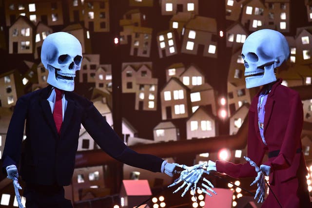 Skeleton puppets sending up Donald Trump and Theresa May during Katy Perry's Brit Awards performance at the O2 Arena, London