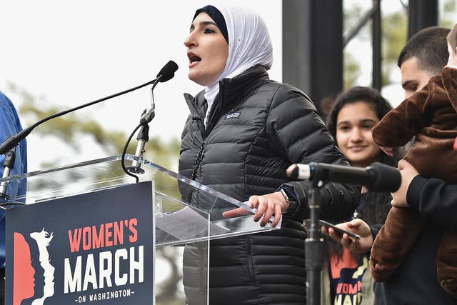 Linda Sarsour speaks onstage during the Women's March on Washington on January 21, 2017 in Washington, DC
