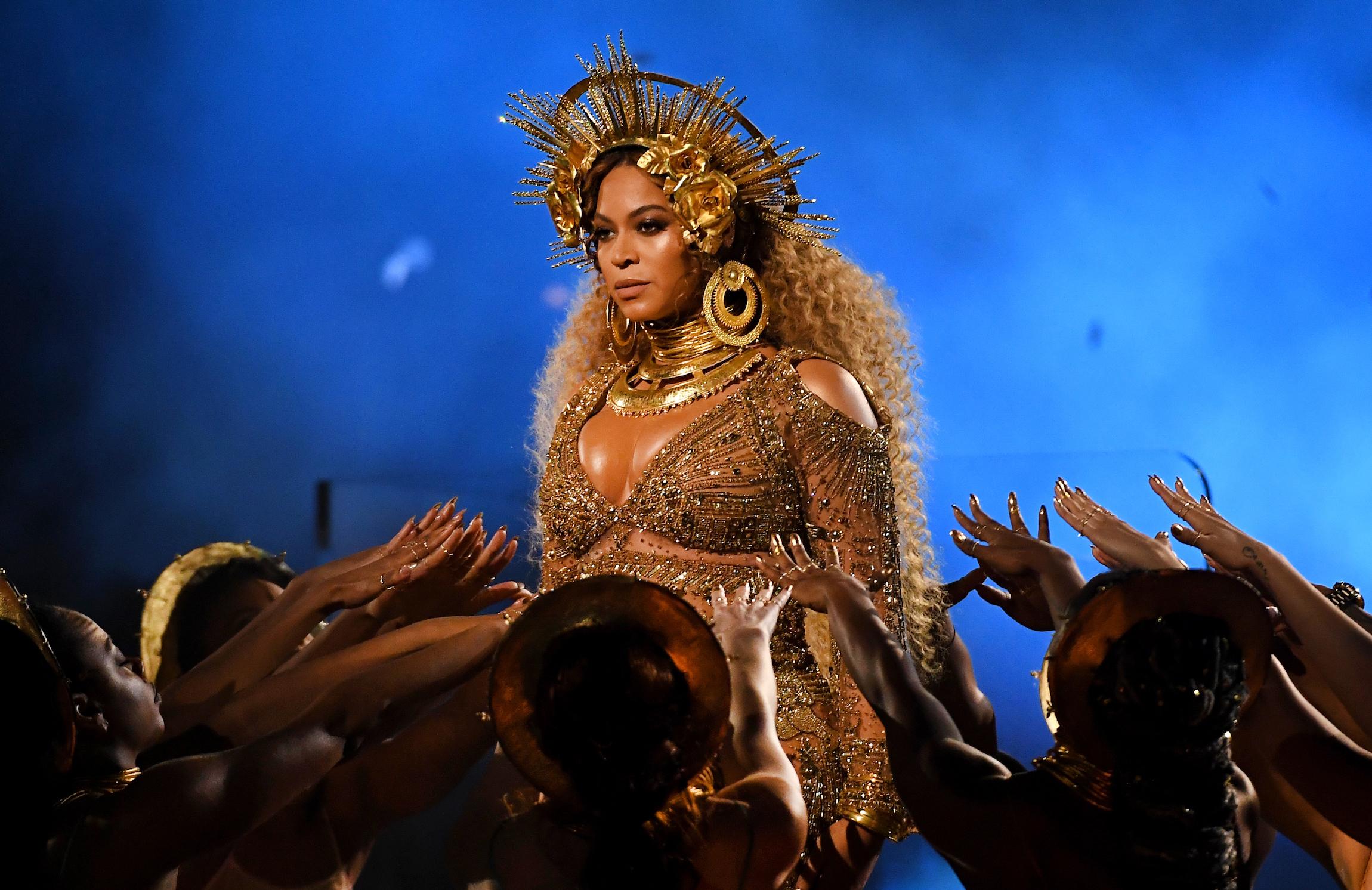Beyoncé performs while heavily pregnant at the 59th Grammy Awards in Los Angeles earlier this year
