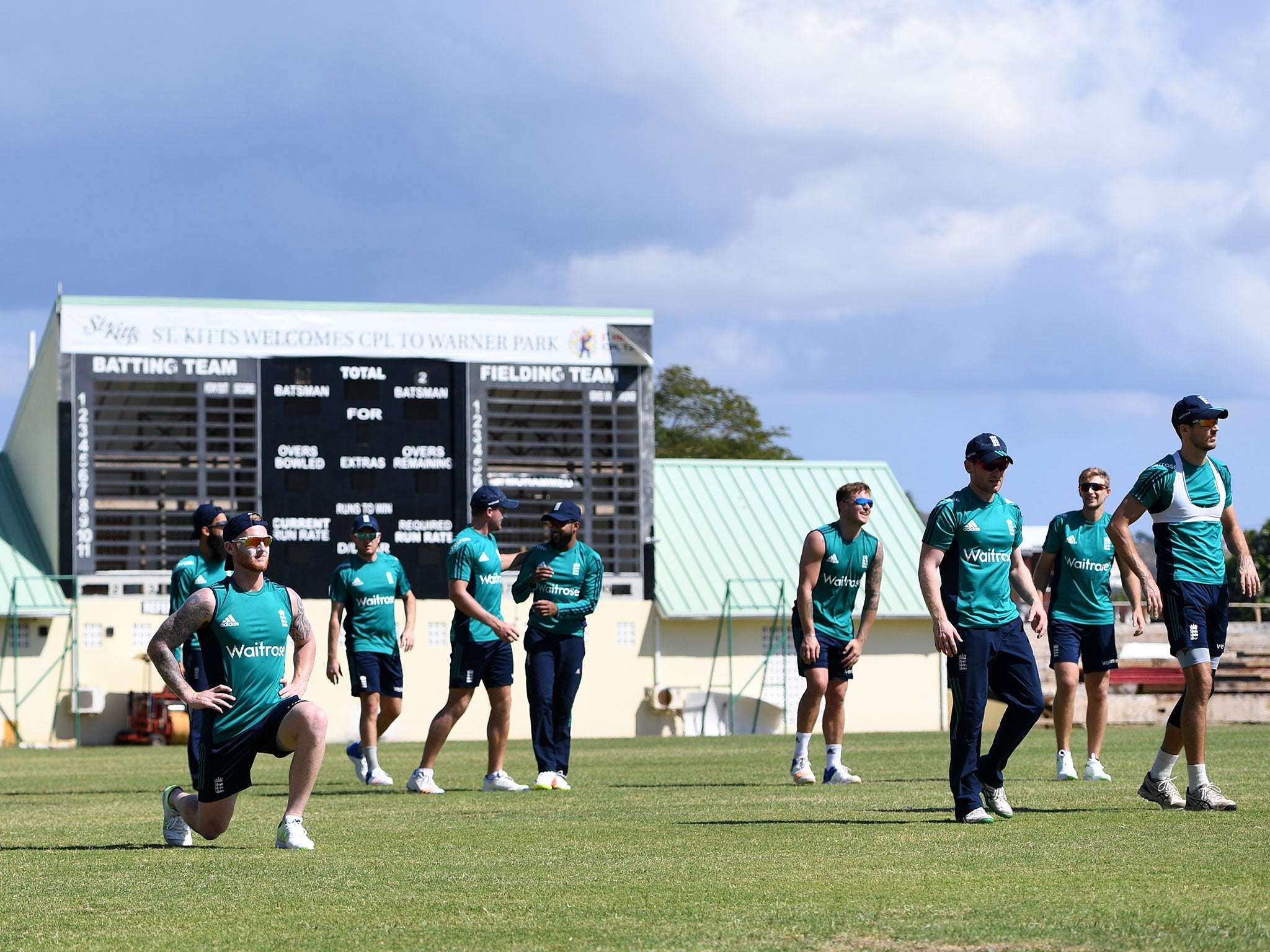England's players warm up during a nets session at Warner Park on February 23, 2017