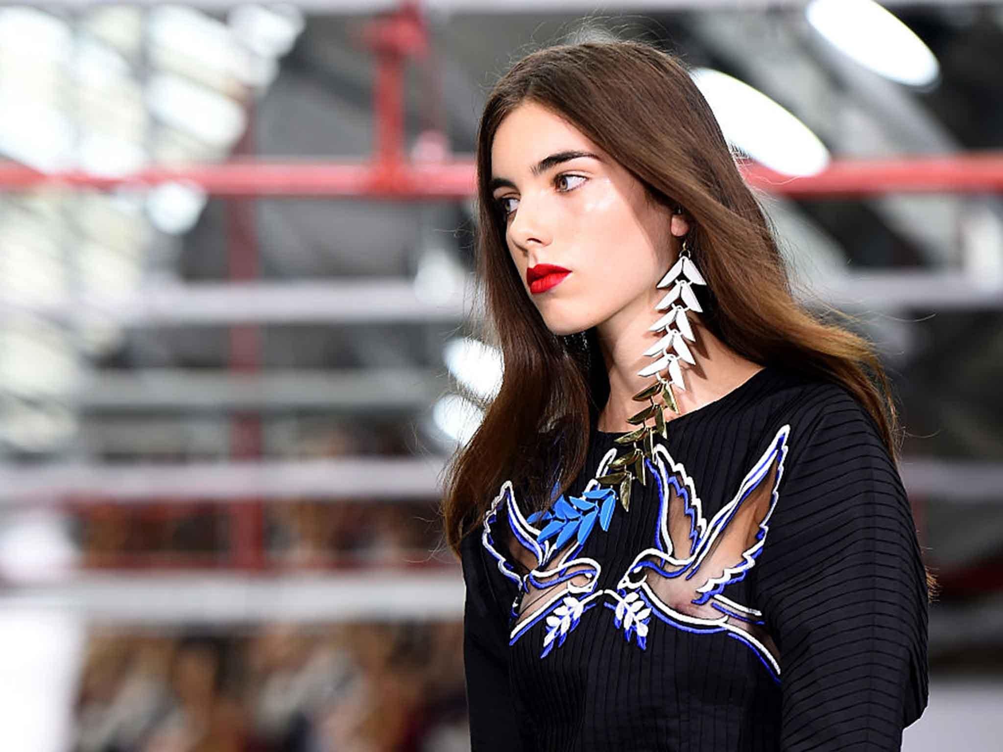 Mary Katrantzou's collection featured single olive-leaf earrings in electric blue, gold and yellow