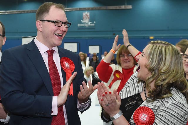 Labour candidate Gareth Snell celebrates with his wife Sophia