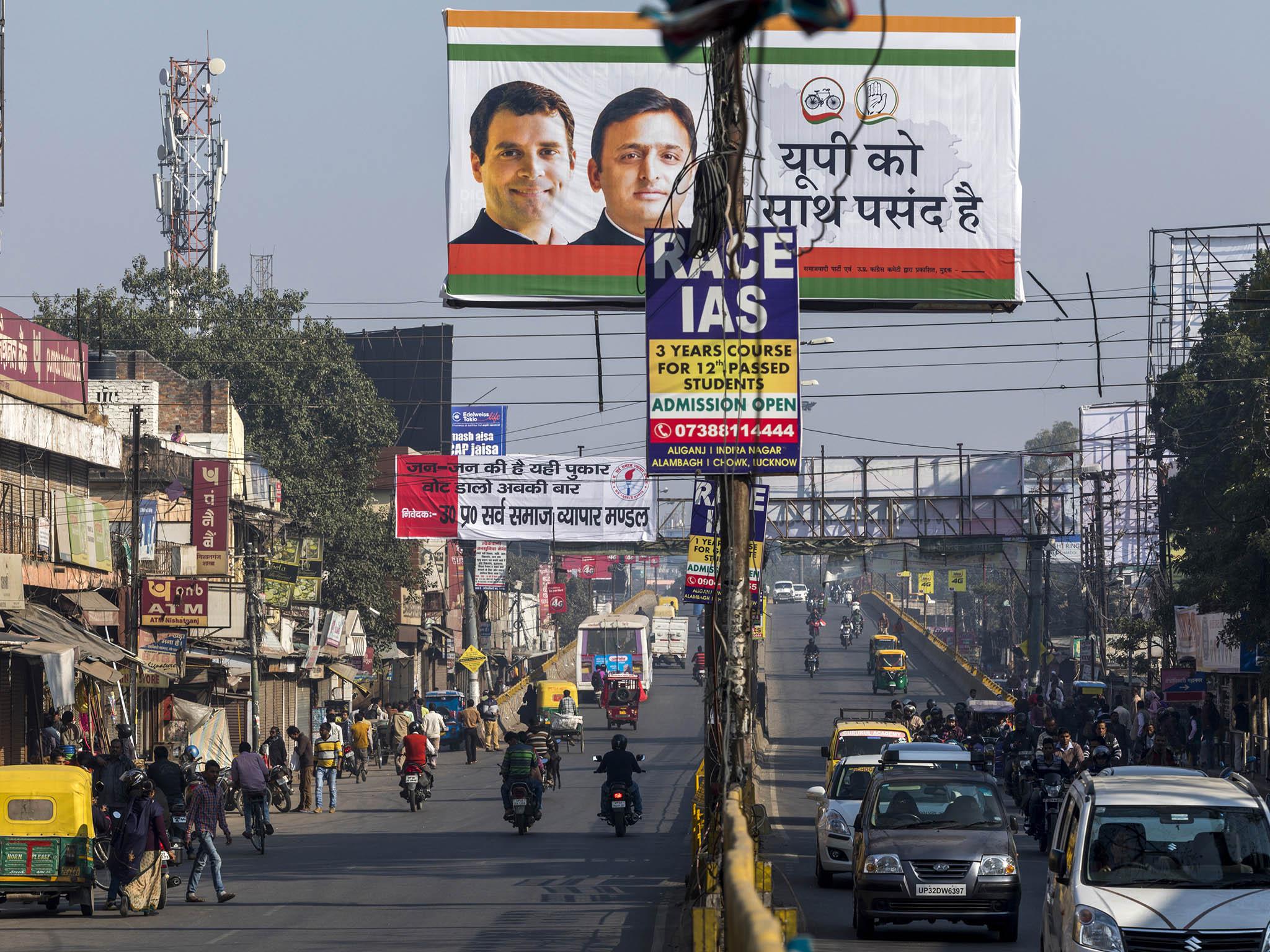 A state election campaign billboard for the joint campaign of the Samajwadi Party (SP) and the Indian National Congress party (INC) in Lucknow (Bloomberg/Getty)