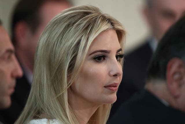 President Donald Trump's daughter, Ivanka Trump, participates in a listening session with manufacturing CEOs in the State Dining Room of the White House
