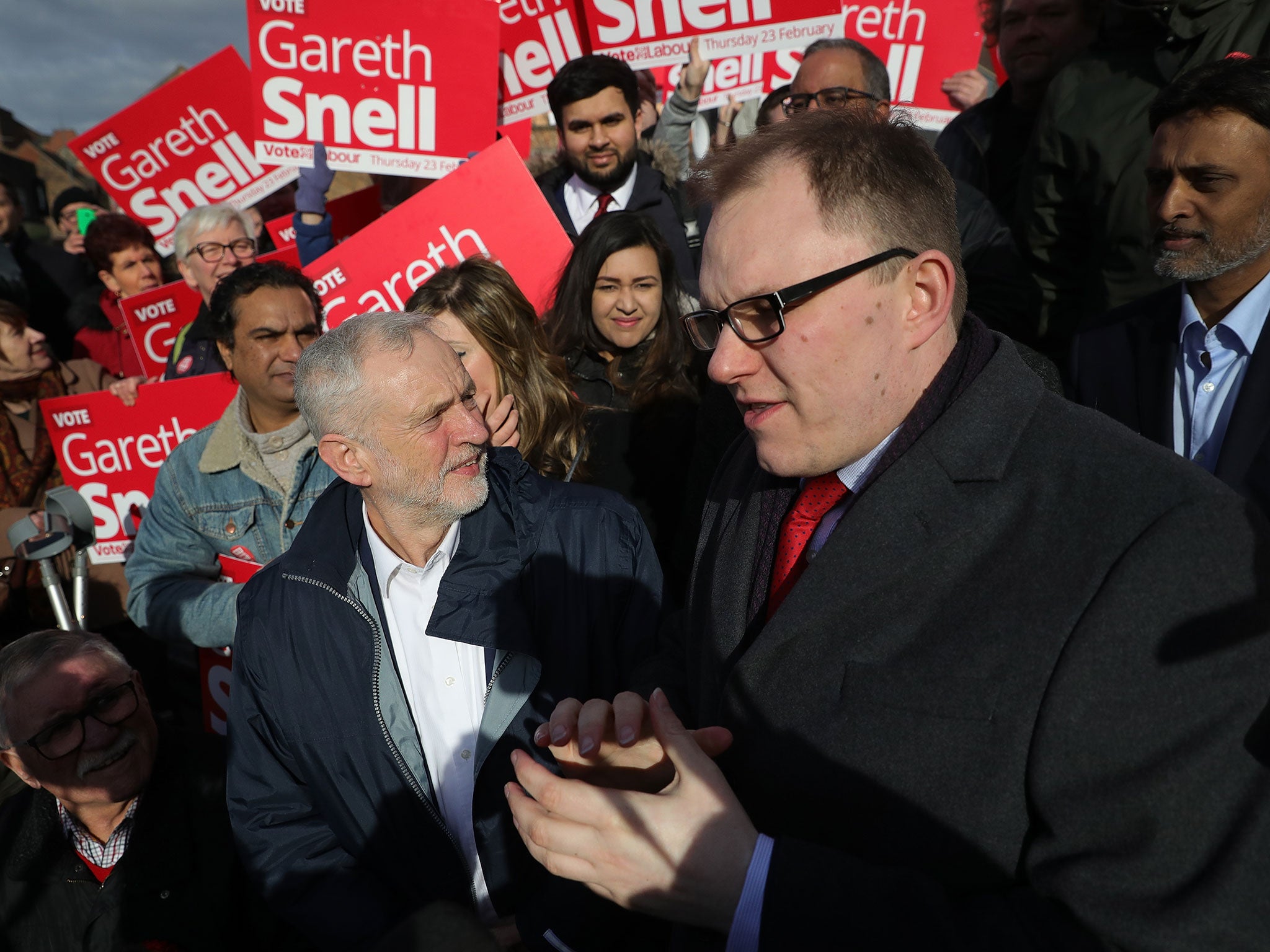 Jeremy Corbyn and newly elected MP for Stoke-on-Trent Central Gareth Snell after the latter’s victory in the Stoke-on-Trent Central by-election