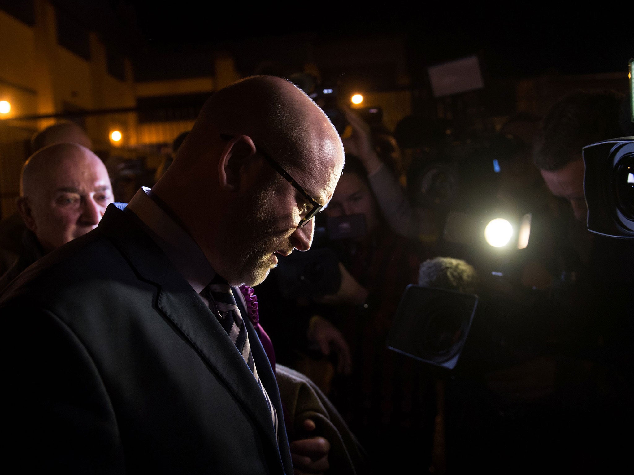 Ukip leader Paul Nuttall leaves the Fenton Manor sports complex after being defeated in the Stoke-on-Trent Central by-election