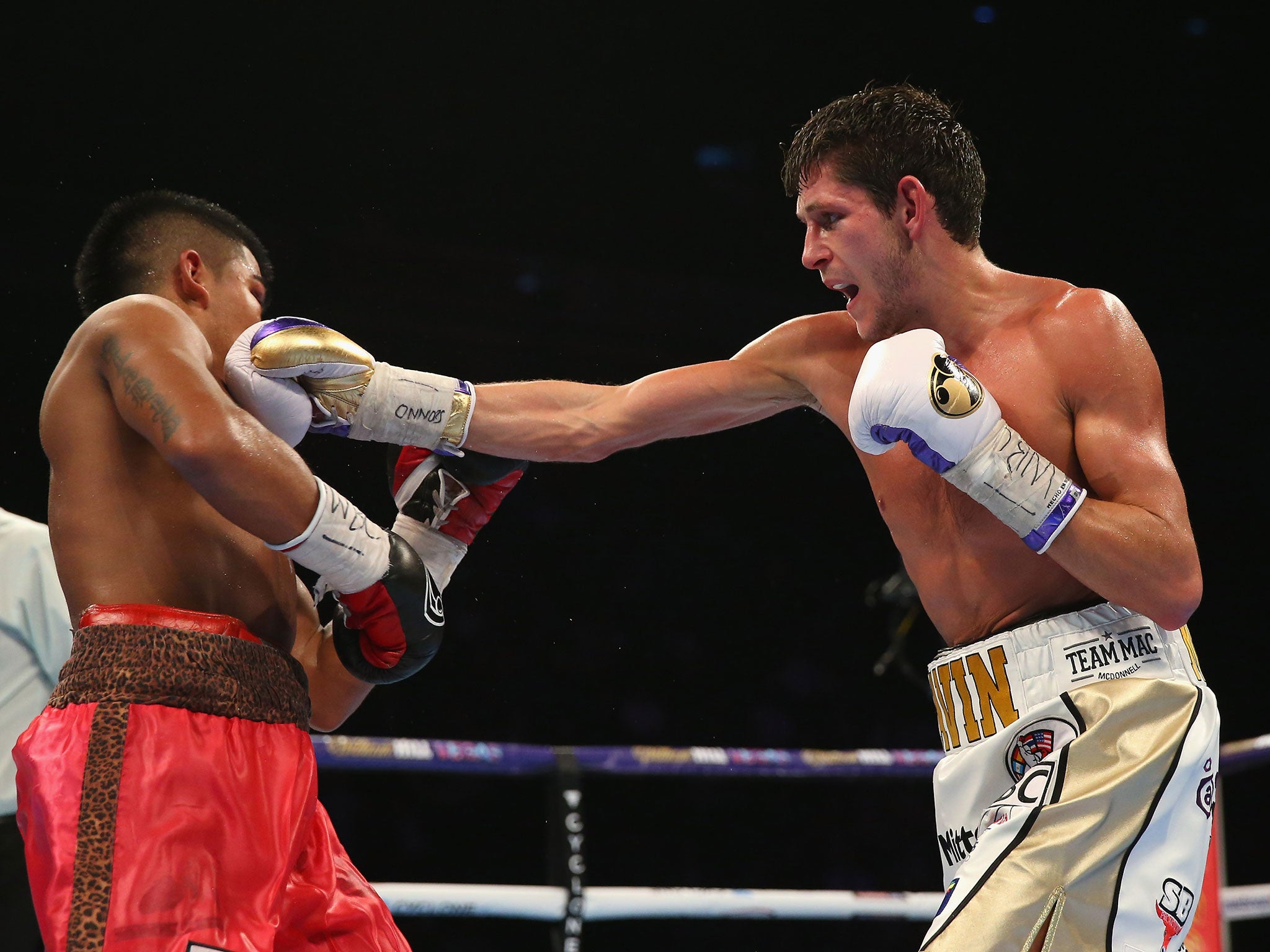 Gavin McDonnell hits Jorge Sanchez during his victory in the Vacant WBC Silver &amp; Eliminator Super-Bantamweight Championship at Manchester Arena on February 27 2016