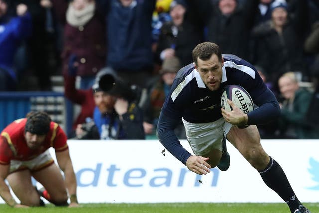 Tim Visser dives over to score Scotland's second try against Wales