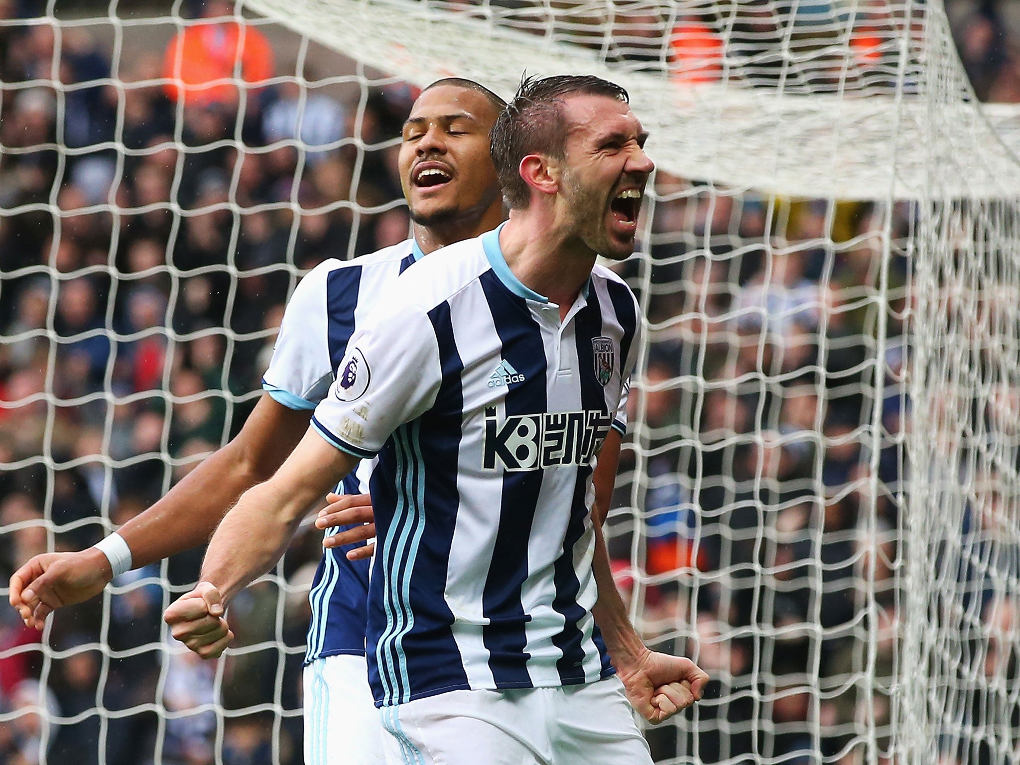 Gareth McAuley celebrates after putting West Brom ahead following their fightback