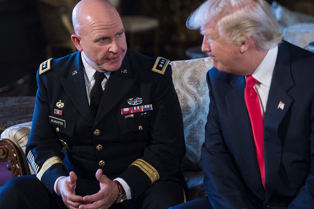 US President Donald Trump announces US Army Lieutenant General H.R. McMaster (L) as his national security adviser