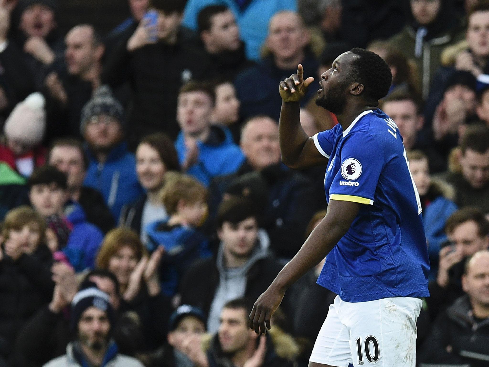 Lukaku celebrates after scoring his 60th goal for Everton