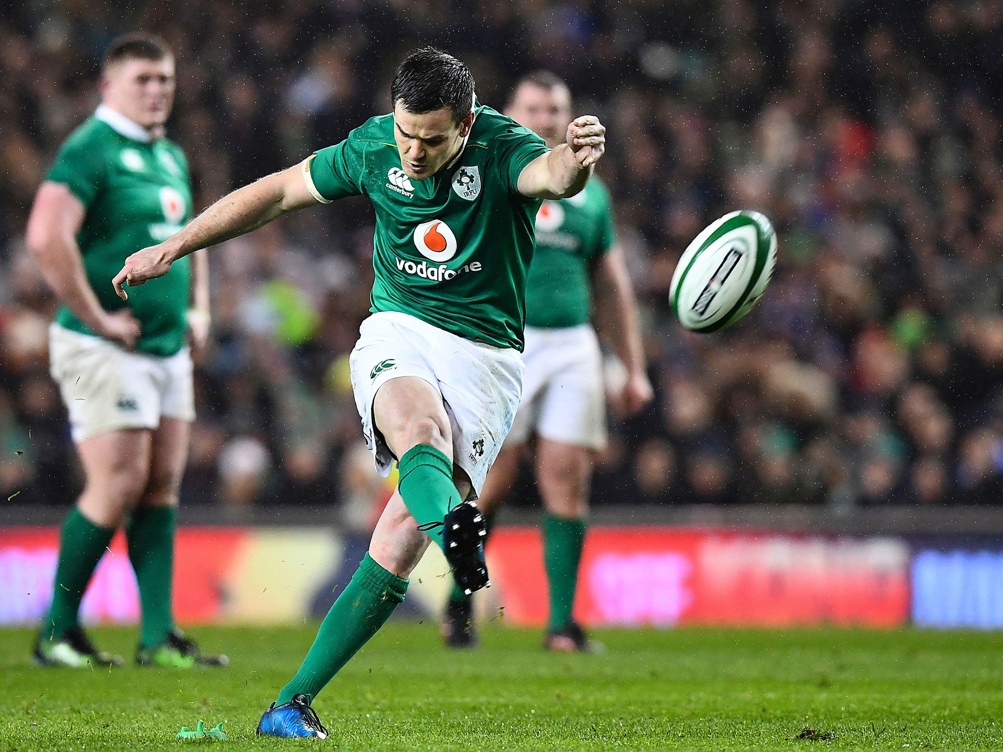 Jonathan Sexton kicks a successful penalty attempt during Ireland's win over France