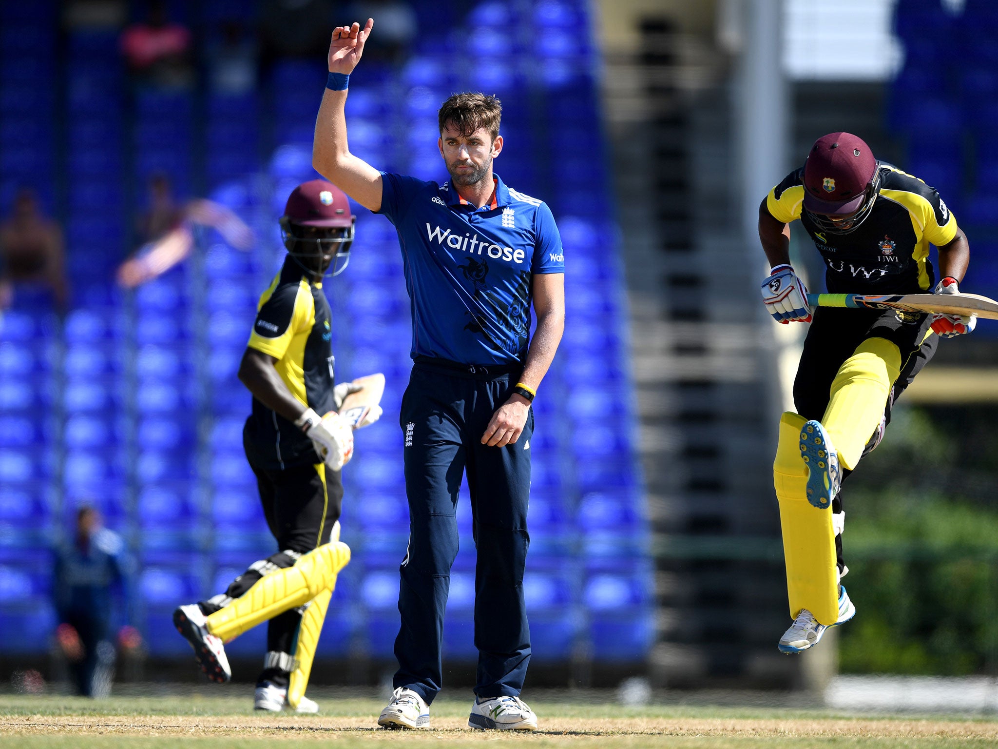 Liam Plunkett celebrates dismissing Shimron Hetmyer of WICB President's XI