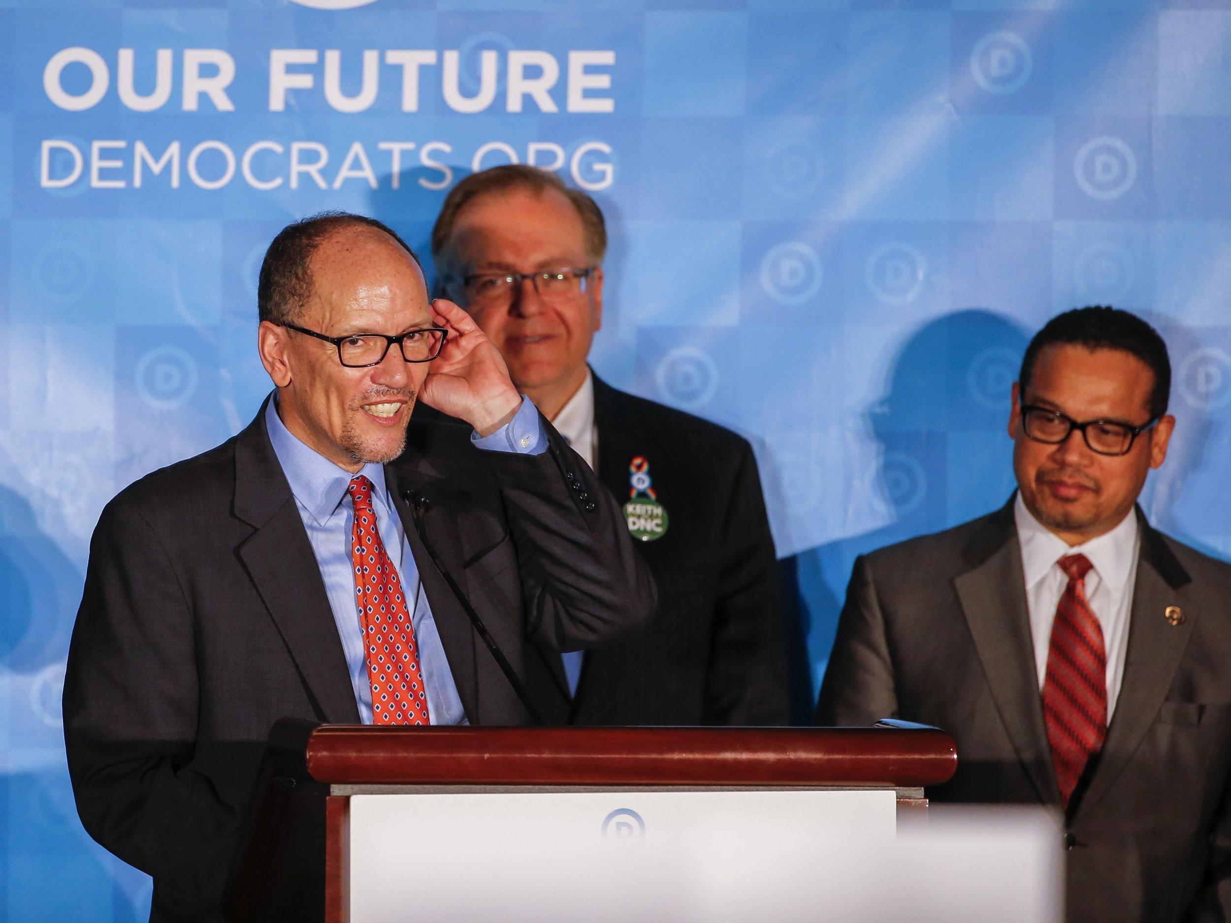 Newly-elected DNC Chair Tom Perez (L) with newly-selected vice-chair Keith Ellison (R) during the Democratic National Committee (DNC) Winter Meeting in Atlanta, Georgia