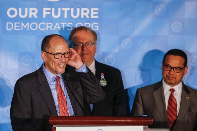 Newly-elected DNC Chair Tom Perez (L) with newly-selected vice-chair Keith Ellison (R) during the Democratic National Committee (DNC) Winter Meeting in Atlanta, Georgia