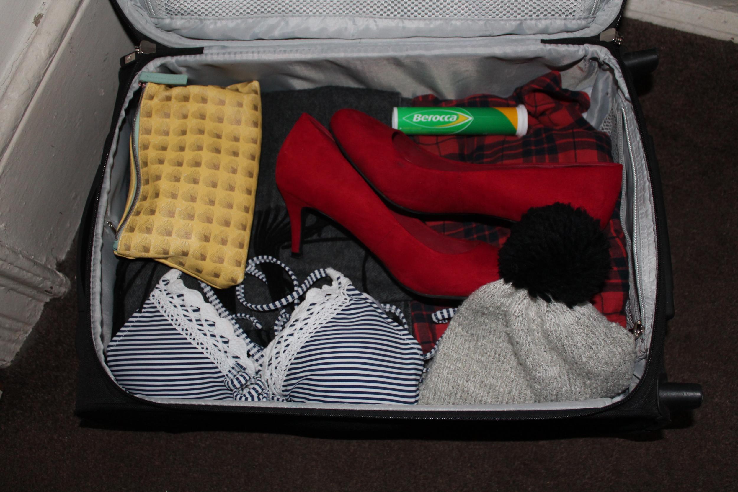 What to pack for a secret weekend away? Bikini, woolly hat and high heels