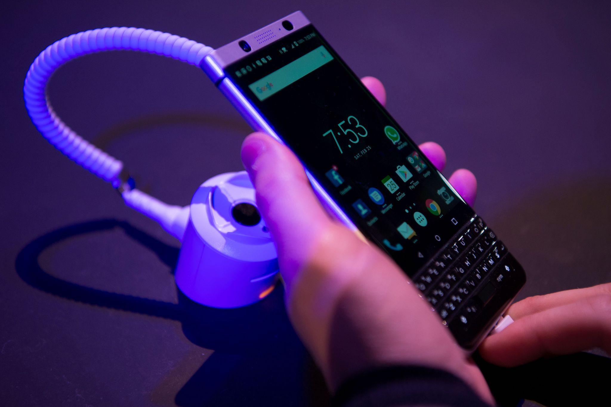 The new BlackBerry Key One is displayed at the Mobile World Congress centre in Barcelona on February 25, 2017, before the start of the world's biggest mobile fair, held from February 22 to February 25