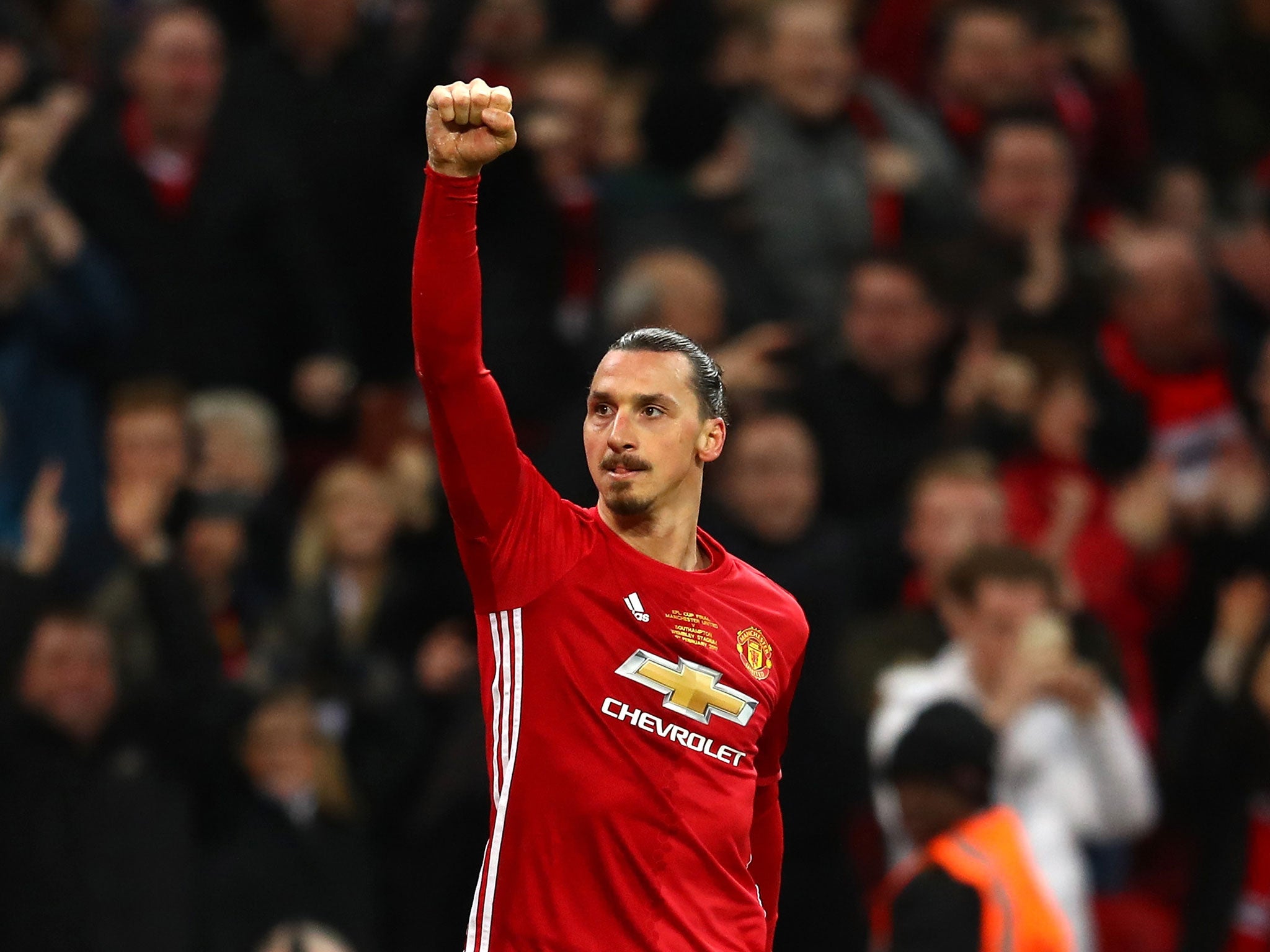 Ibrahimovic celebrates his opening goal for United in Sunday's EFL Cup final