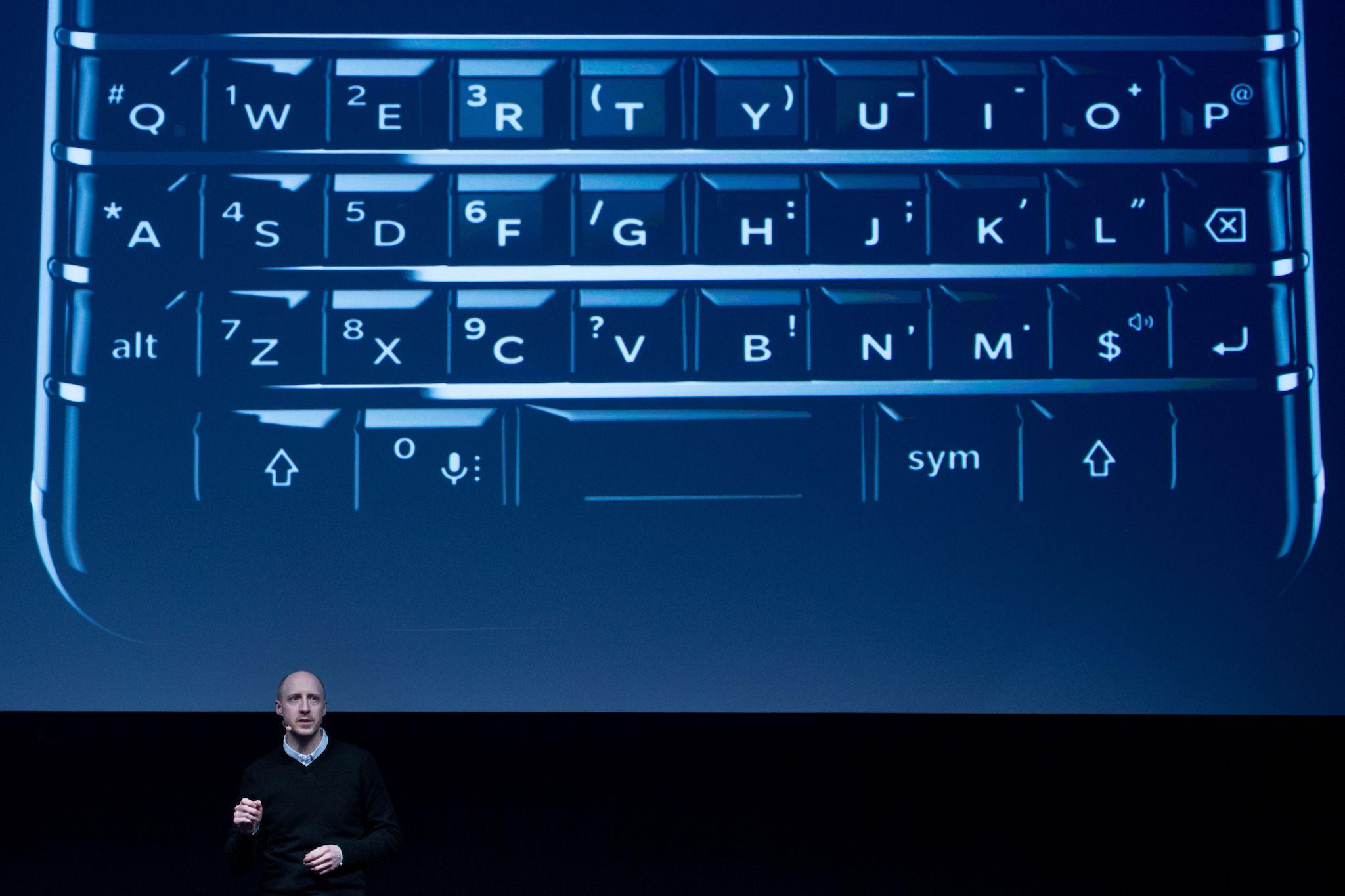 Senior product manager blackberry mobile Logan Bell speaks during a presentation to the new BlackBerry Key One at the Mobile World Congress centre in Barcelona