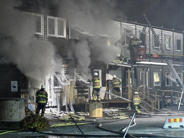 A picture from a fire at different refugee accommodation in Fagersjo, south of Stockholm, Sweden in October