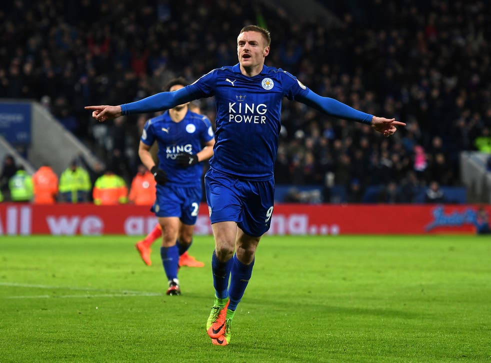 Jamie Vardy celebrates his second for Leicester