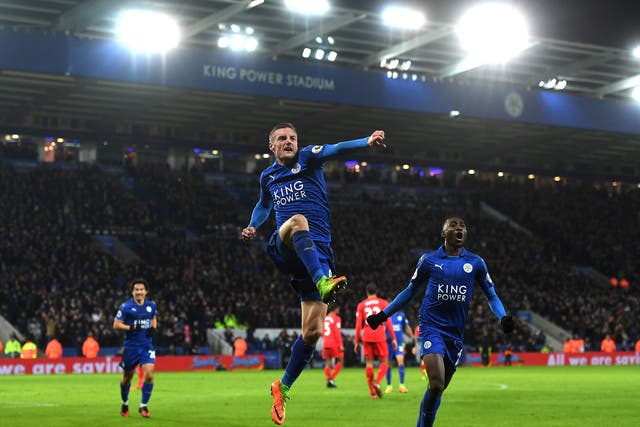Jamie Vardy celebrates his second goal for Leicester