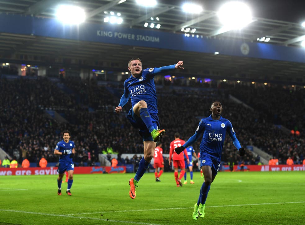 Jamie Vardy celebrates his second goal for Leicester