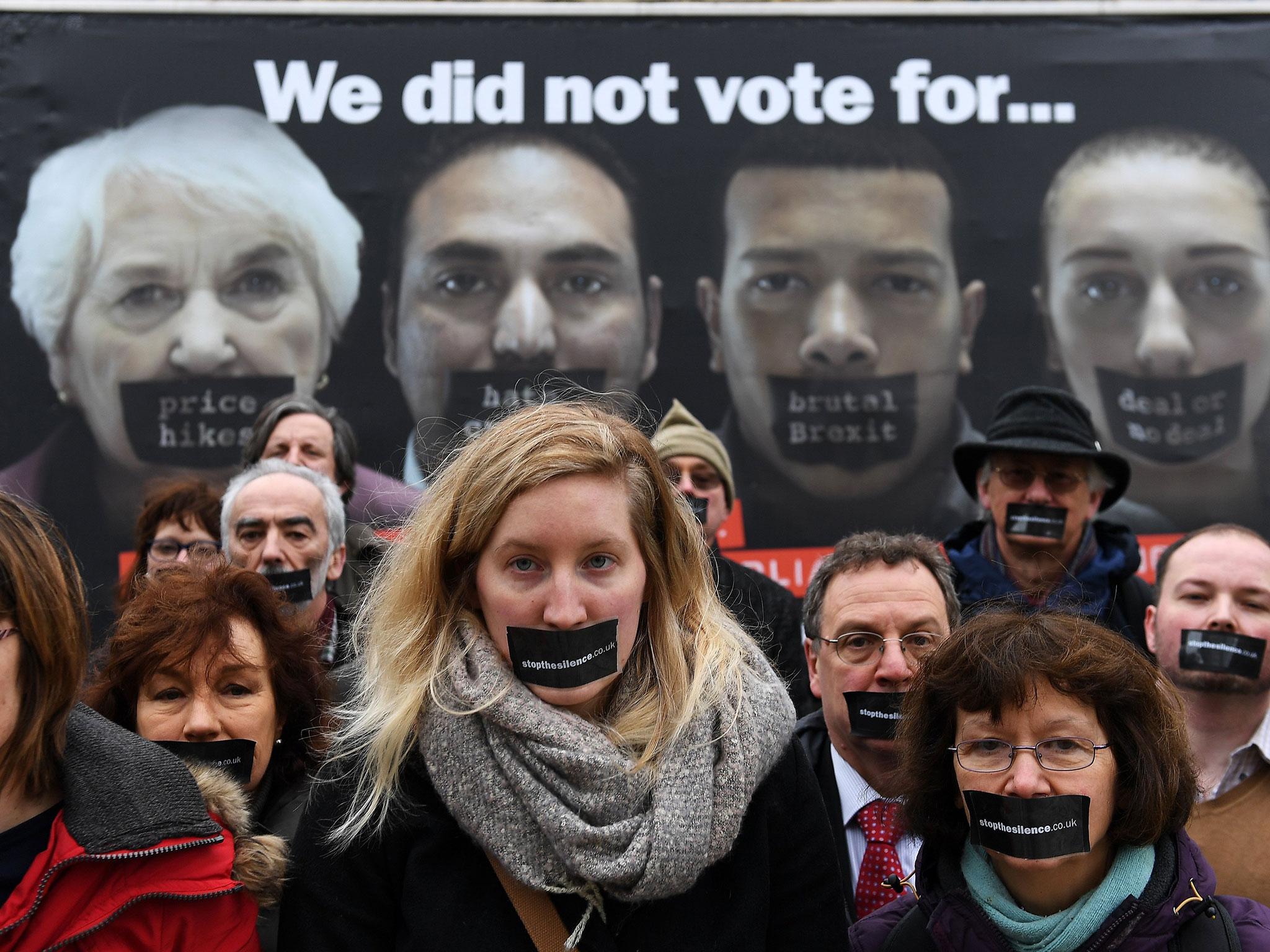Stop the Silence campaigners launch a nationwide poster campaign outside Parliament calling for the Lords to make amendments to the Article 50 bill and for the public to speak out over the governments hard Brexit policy
