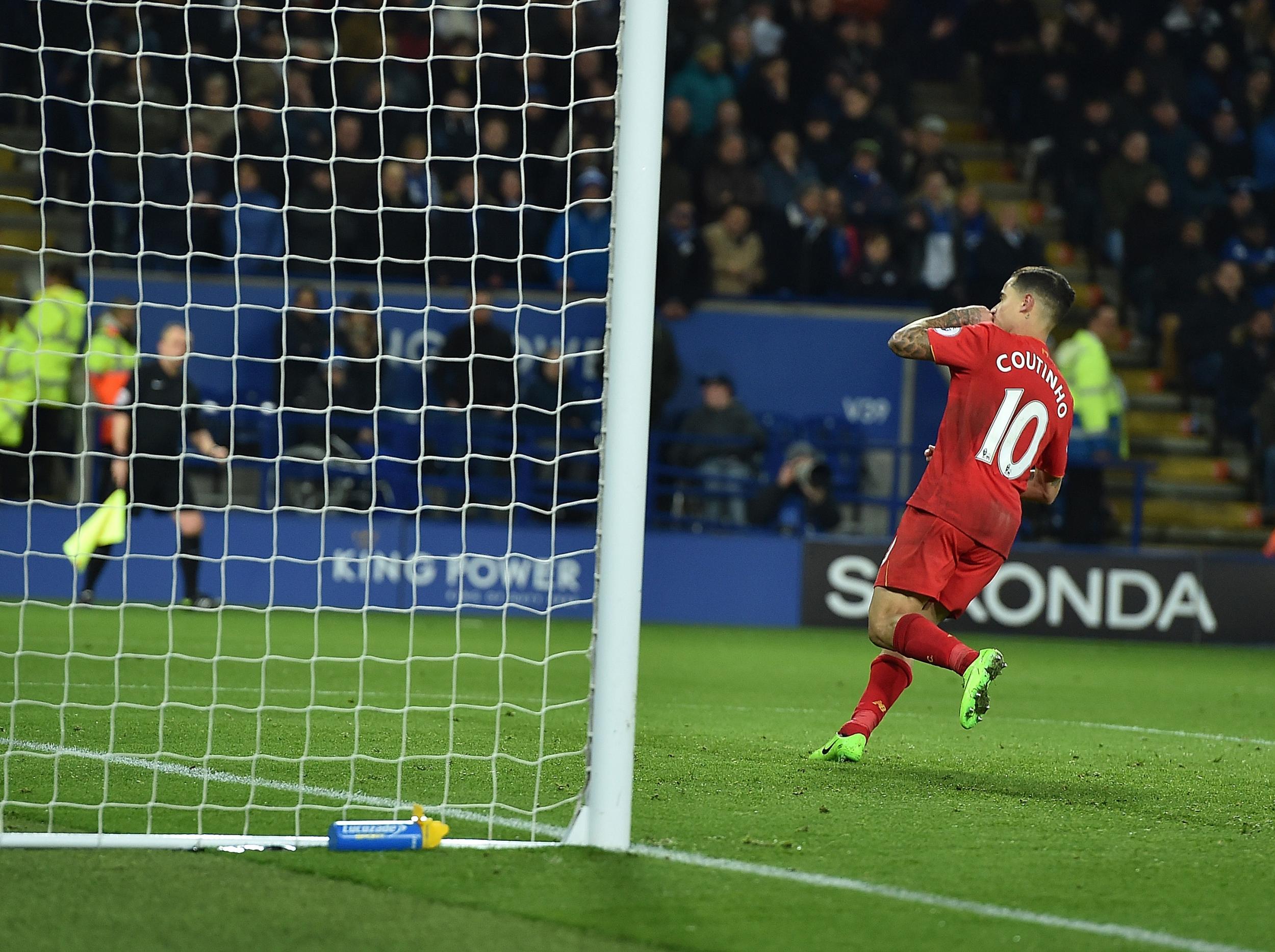 Coutinho celebrates scoring Liverpool's only goal against Leicester
