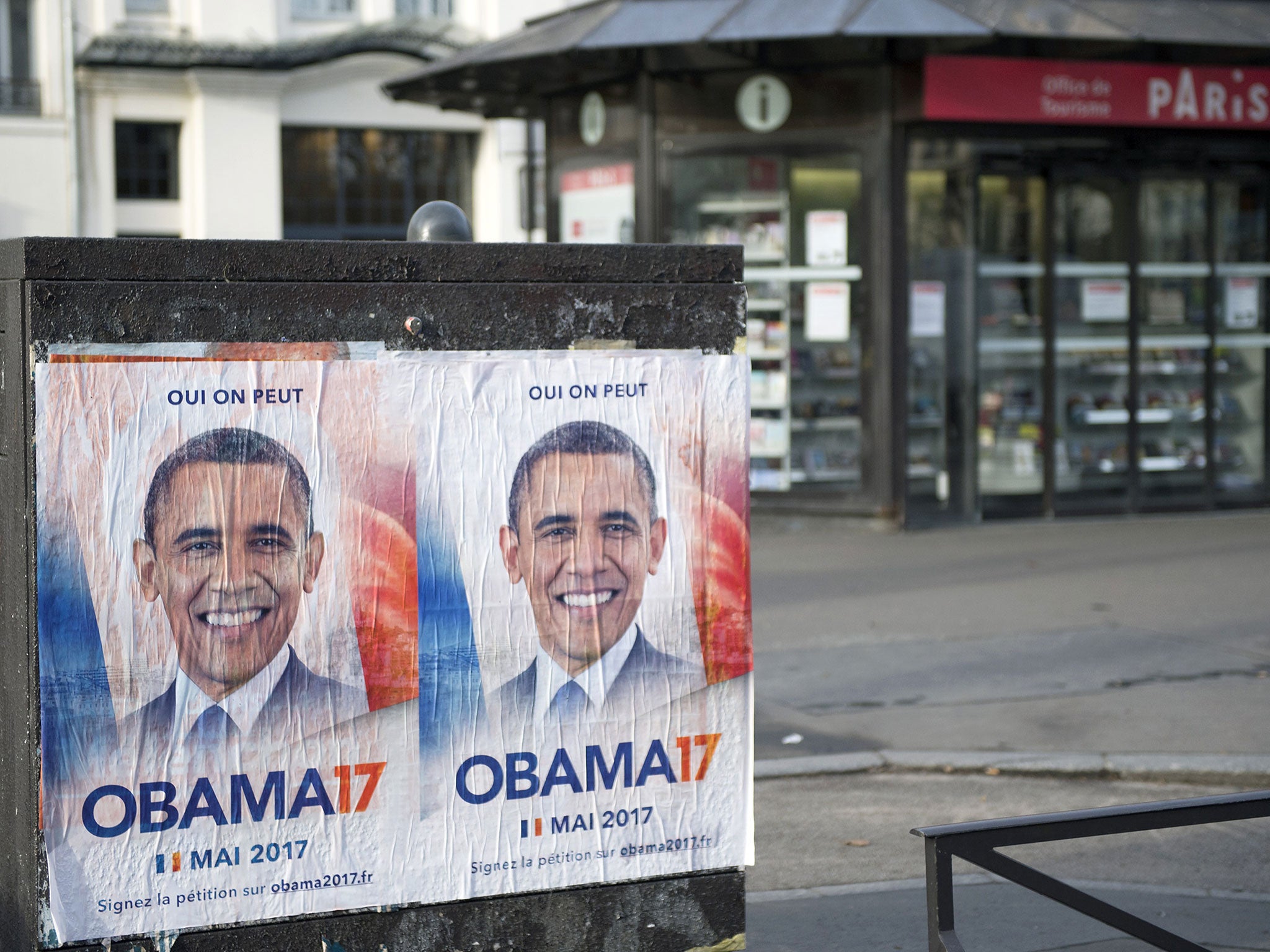 Obama 17 posters are seen displayed in Paris ahead of the Franch presidential election