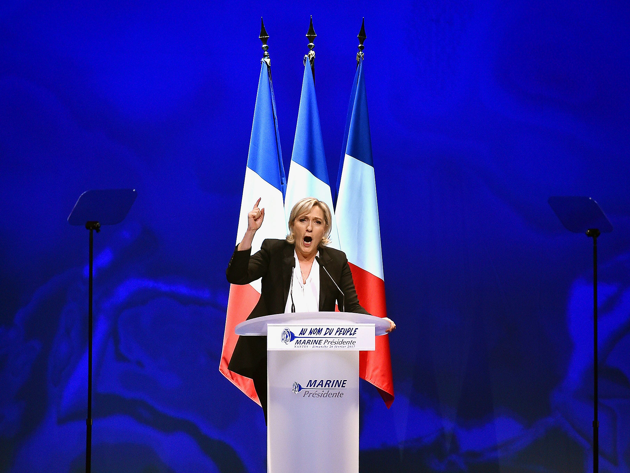 French far-right Front National (FN) party candidate for the presidential election Marine Le Pen speaks on stage during a campaign rally