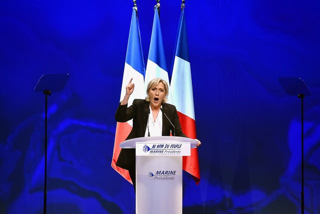 French far-right Front National (FN) party candidate for the presidential election Marine Le Pen speaks on stage during a campaign rally