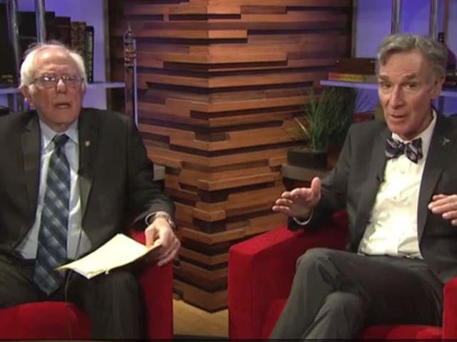 Bernie Sanders and Bill Nye speaking about climate change in a Facebook Live interview