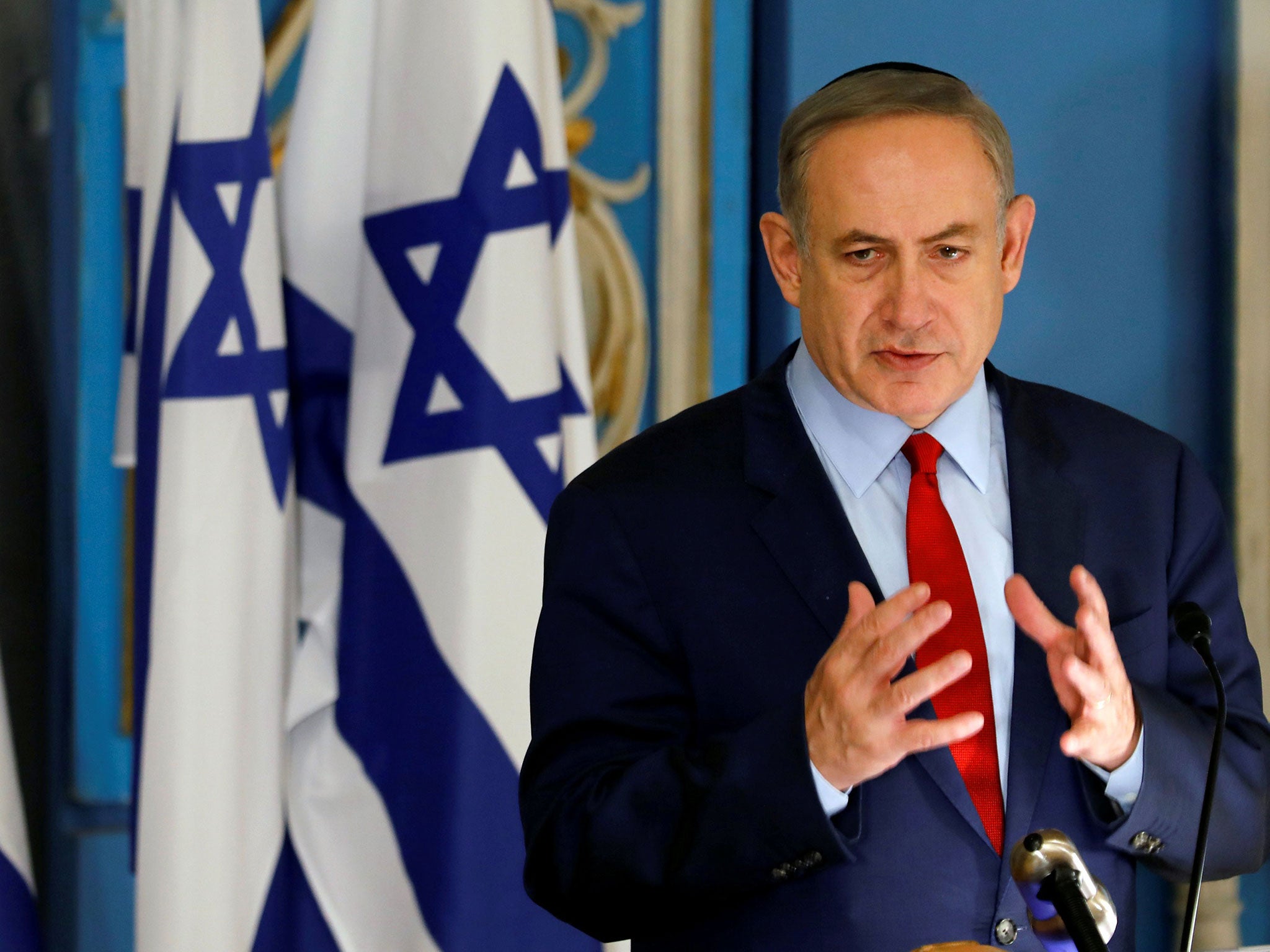 Israeli Prime Minister Benjamin Netanyahu speaks during an event marking International Holocaust Remembrance Day at the Yad Vashem synagogue in Jerusalem