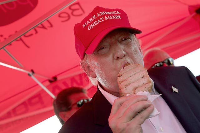 Donald Trump eats a pork chop, which is presumably also cooked to his liking