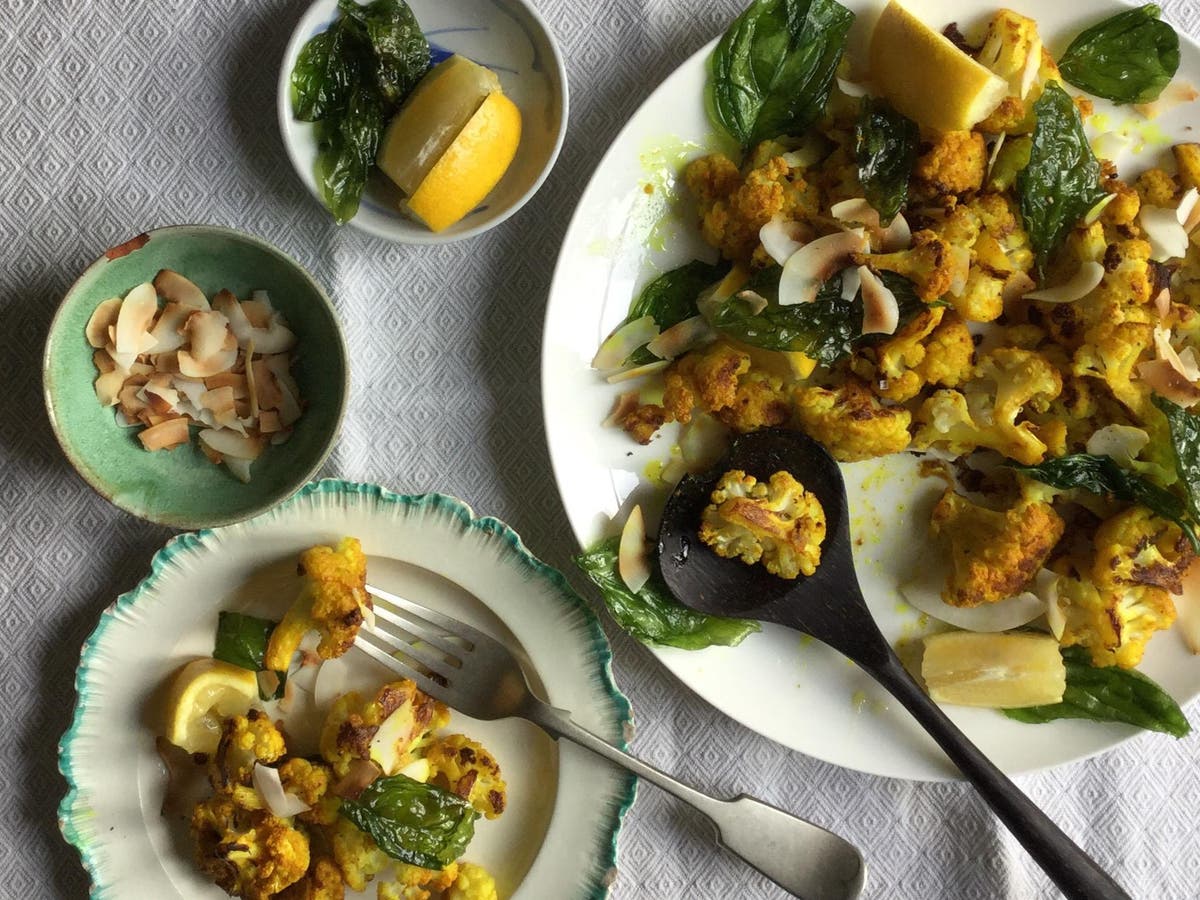 How to make turmeric roasted cauliflower with fried basil leaves and