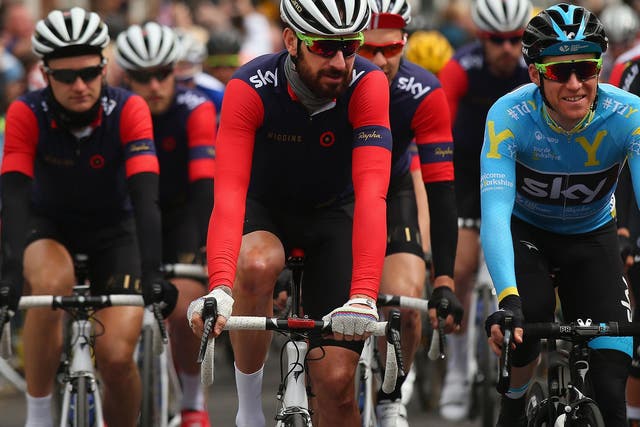 Bradley Wiggins with his Team Sky cycling team in 2015