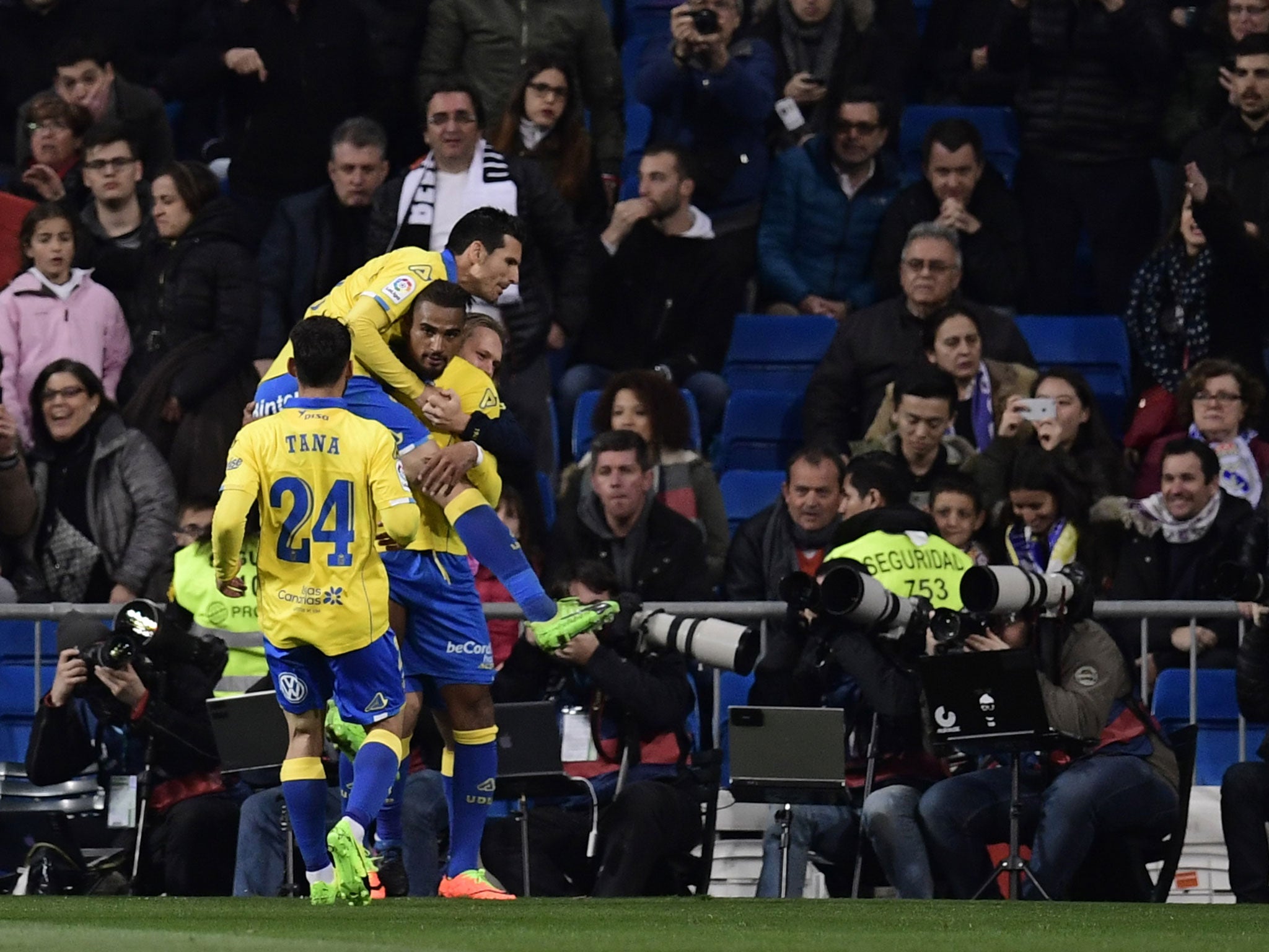 Las Palmas players celebrate after Boateng scores the side's third